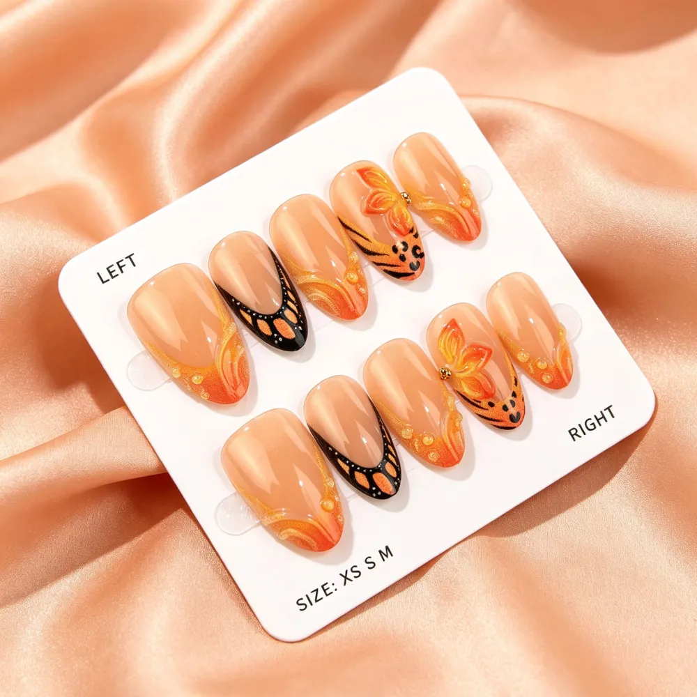 Nailhour 30Pcs Orange Leopard Print 3D Medium Almond French Press On Nails
