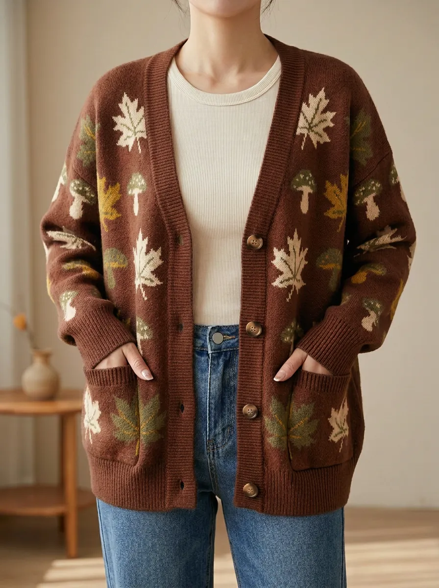 Maple Leaf Mushroom Patterned Women's Knit Cardigan