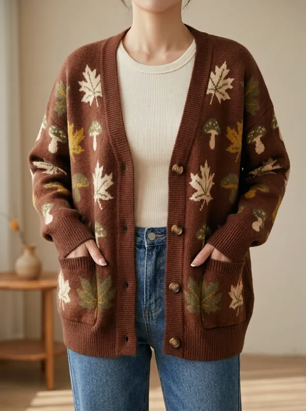 Maple Leaf Mushroom Patterned Women's Knit Cardigan