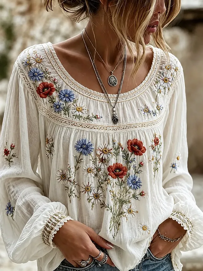 Women'S Floral Printed Casual Cotton And Linen Top