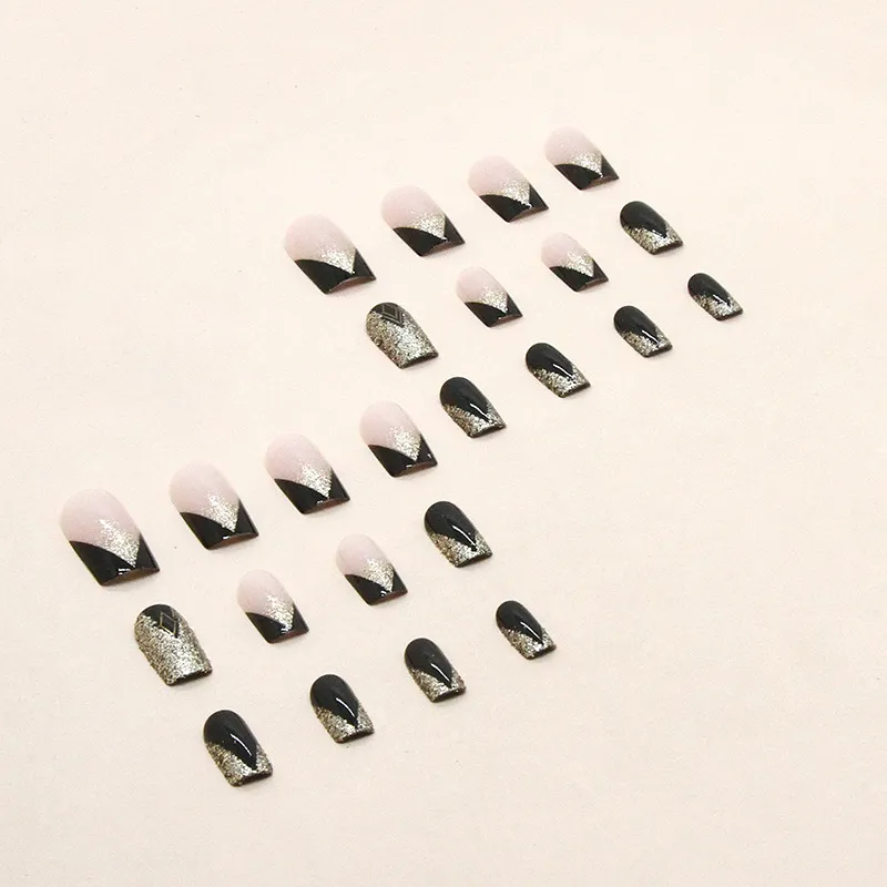 Nailhour Black Glitter Nail Art Square 24Pcs Party Press On Nails