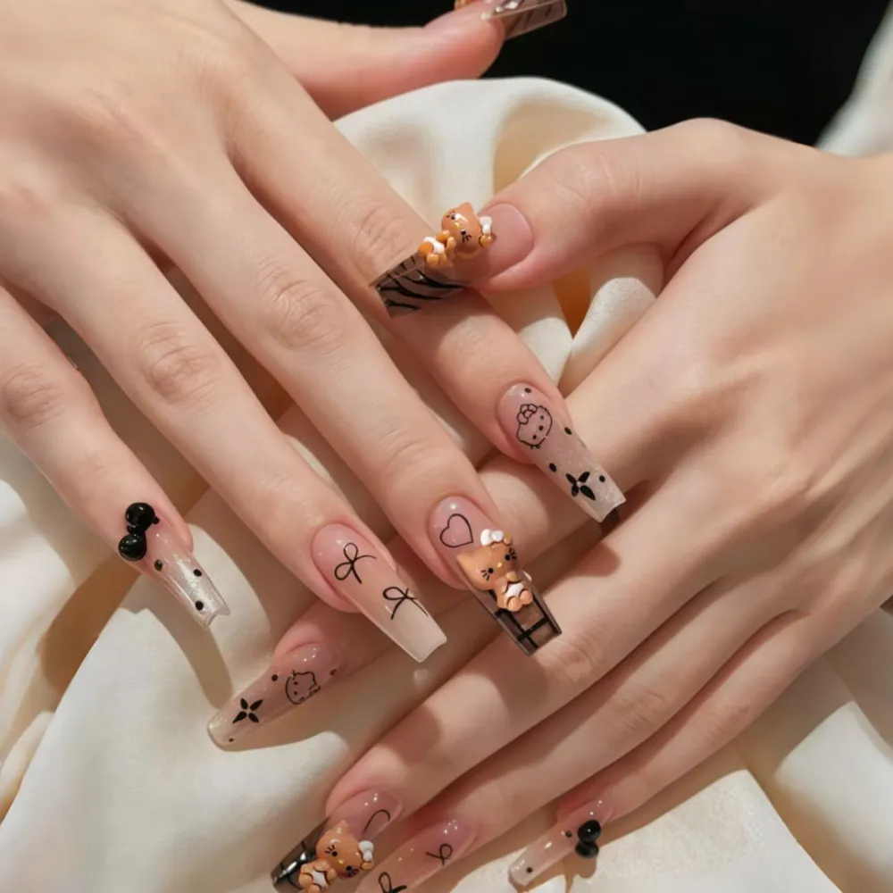 Nailhour 30Pcs Bow 3D Medium Coffin French Press On Nails