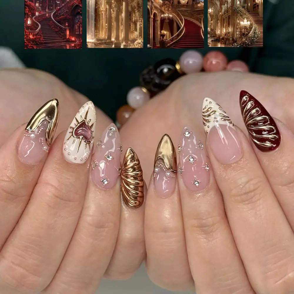 Nailhour 24Pcs French 3D Gilded Medium Almond Press On Nails