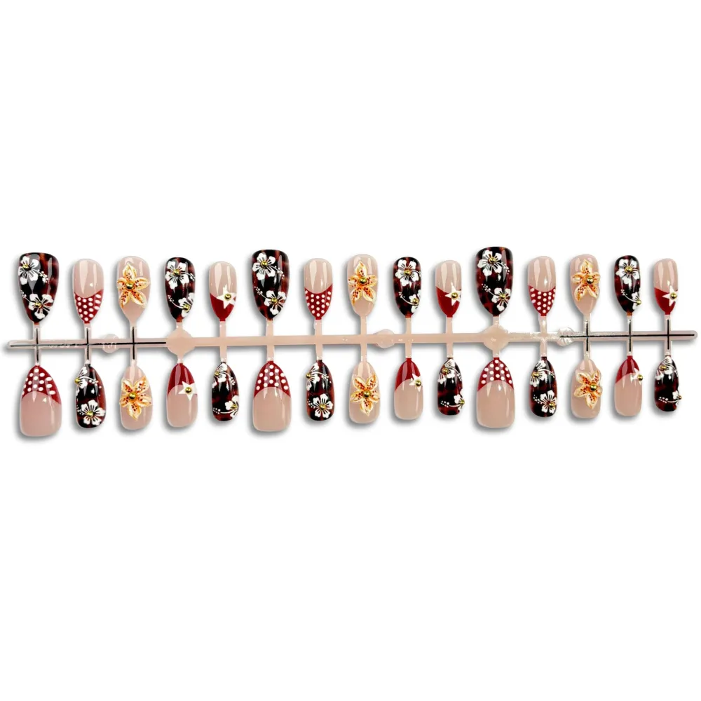 Nailhour 30Pcs Floral 3D Medium Almond French Amber Press On Nails