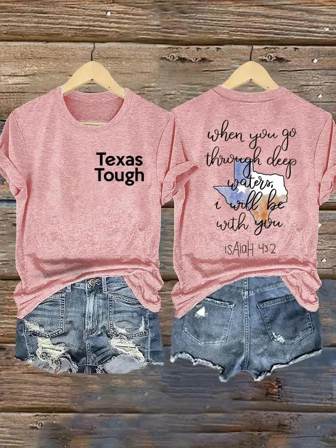 Retro Texas Tough Print Round Neck T-Shirt