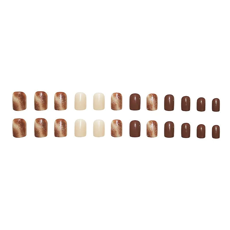Nailhour 24Pcs Autumn French Glitter Short Square Brown Press On Nails