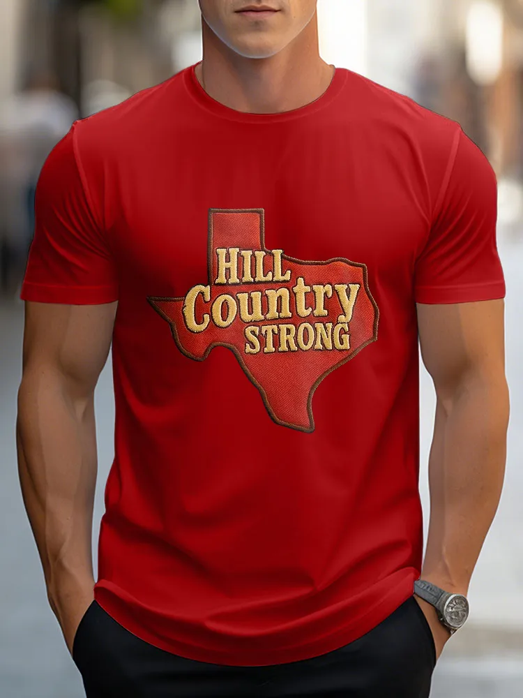 Men'S Casual Style HILL COUNTRY STRONG Simple Round Neck Slim Fit T-Shirt