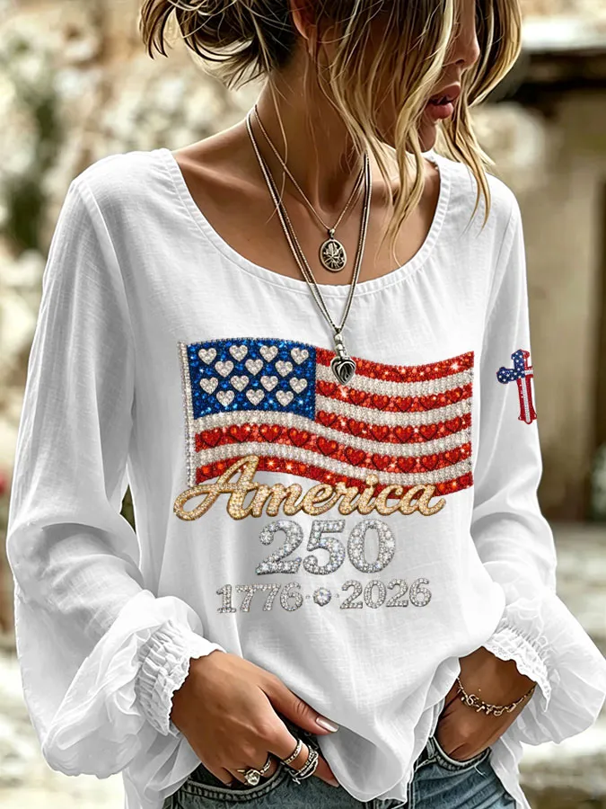 Women'S America Flag Printed Casual Cotton And Linen Top