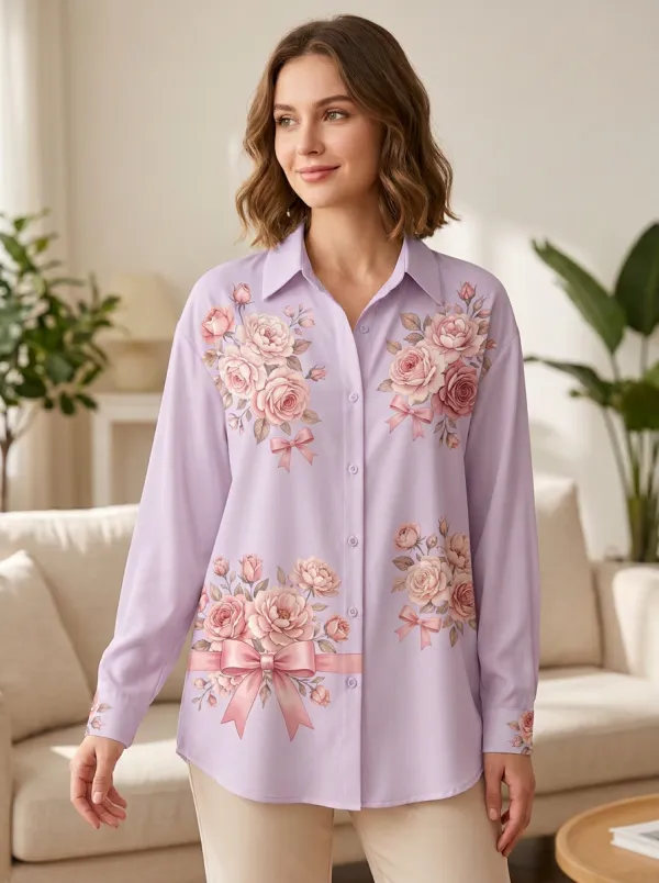 Women's Breast Cancer Awareness Pink Rose Bow Printed Button-Down Shirt