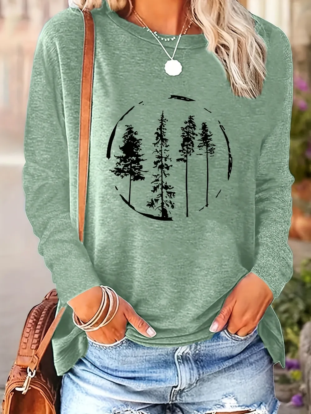 Round Neck Casual Loose Print Long Sleeve T-shirt