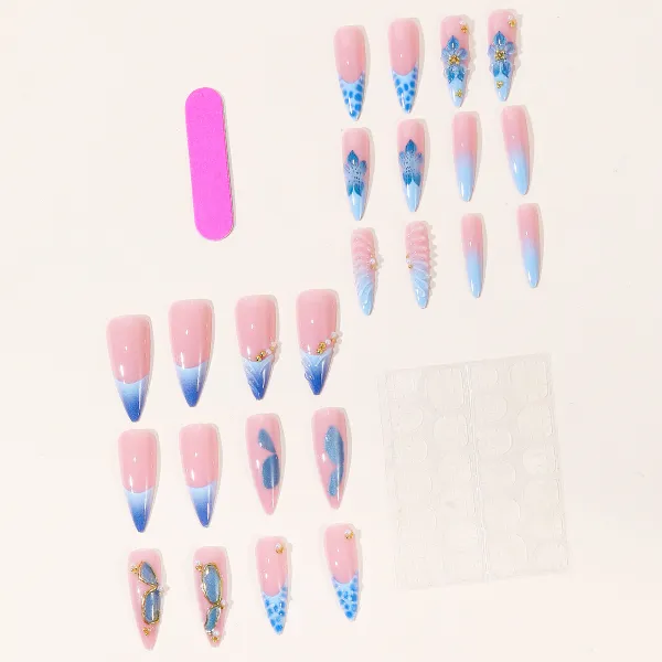 Nailhour 24Pcs Blue 3D Gilded  Long Almond Press On Nails