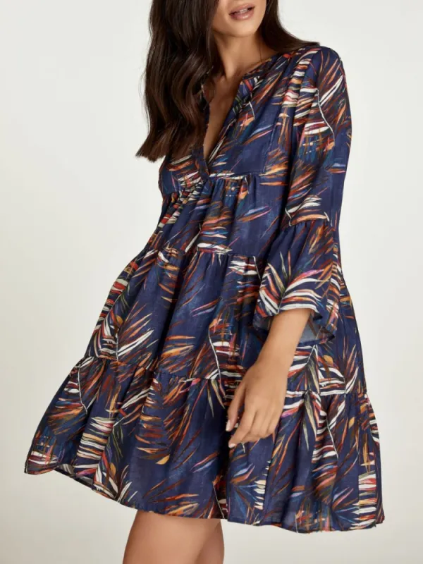 Leaf Print Notched Long Sleeve Dress