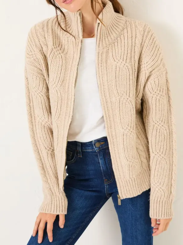 Natural Cable Knitted Zip Through Cardigan