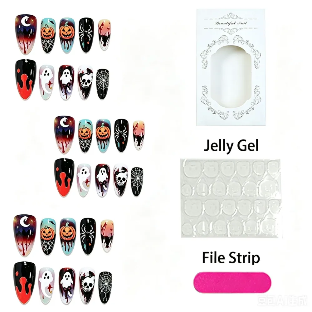 Nailhour 30Pcs Halloween Spider Web Medium Almond Press On Nails
