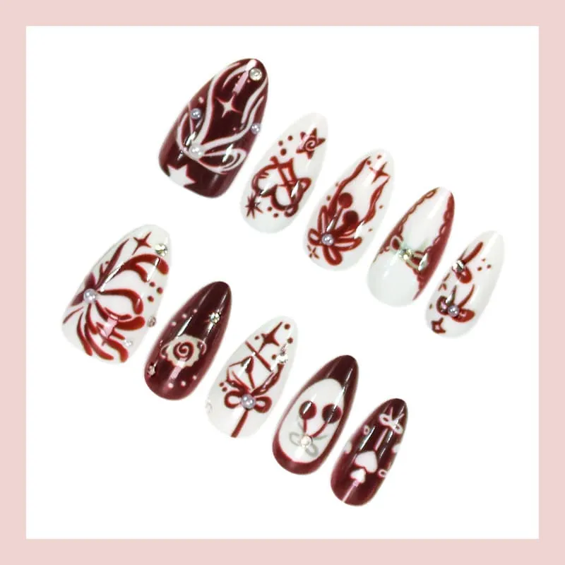Nailhour 30Pcs Heart Cherry 3D Medium Almond French Press On Nails