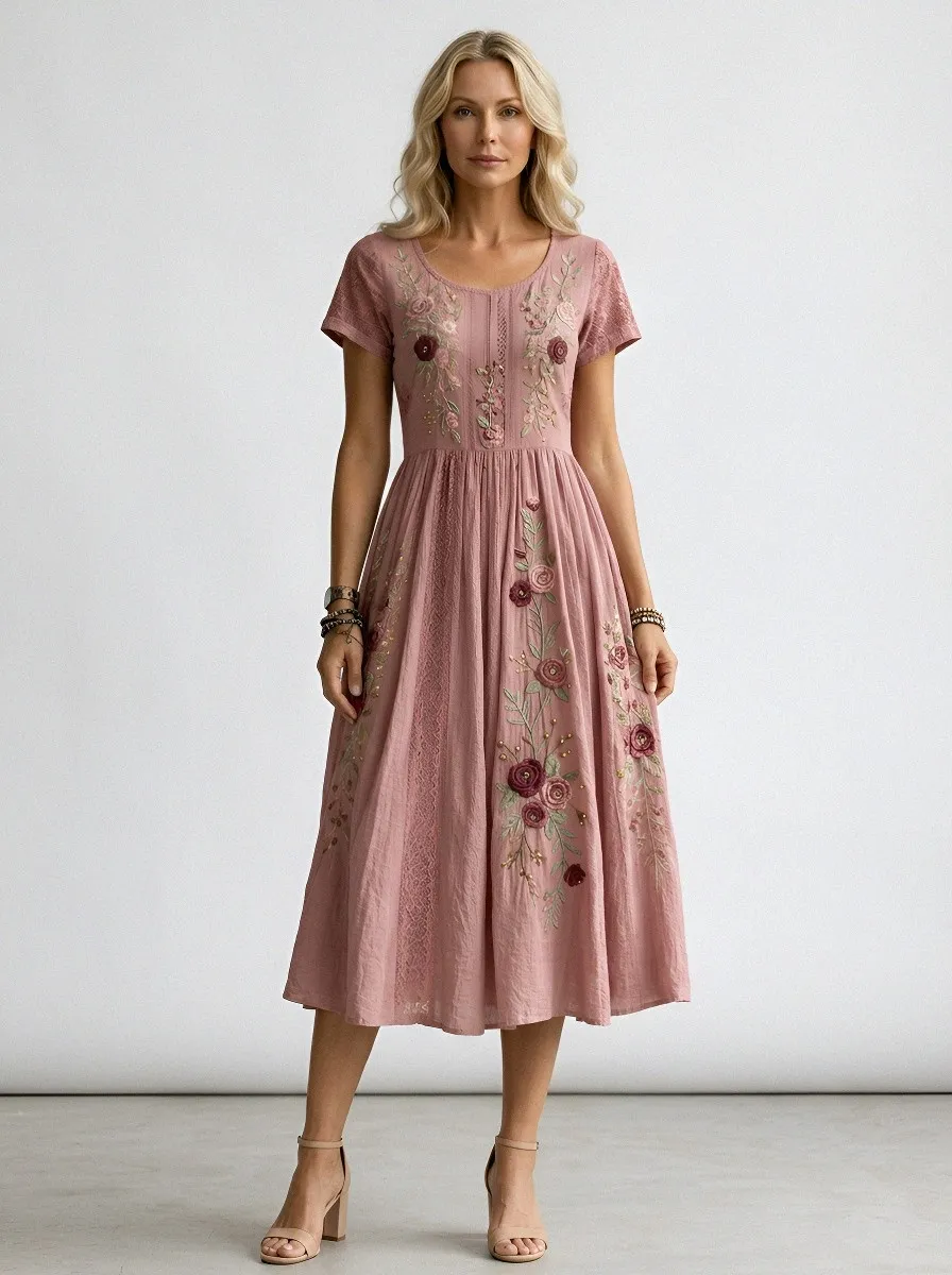 Women's Breast Cancer Awareness Floral Embroidered Printed Dress