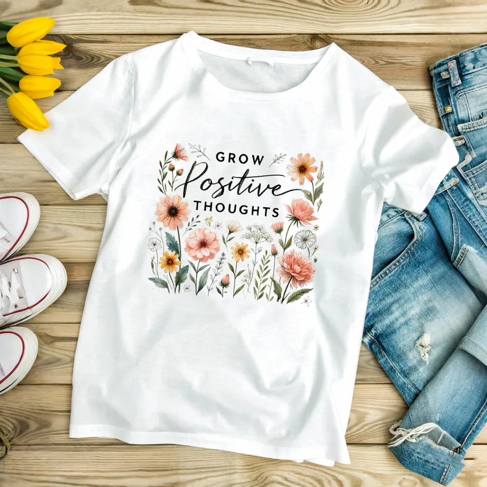T-shirt Grow Positive Thoughts Women Printed Round Neck Short Sleeve