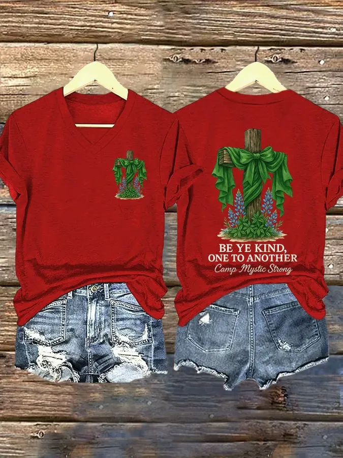 V Neck Retro Texas Strong Cross Print T-Shirt