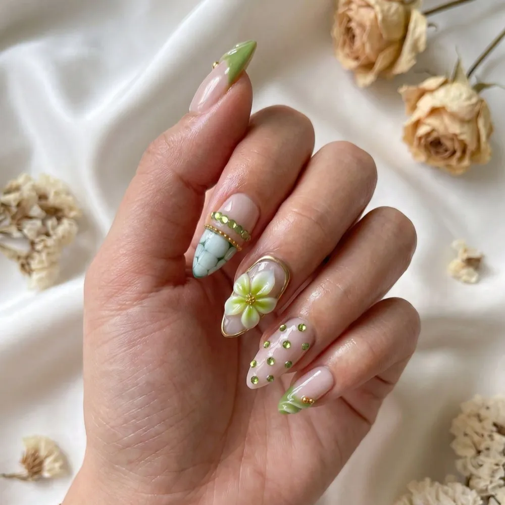 Nailhour 10Pcs Green Floral Handmade Medium Almond 3D French Press On Nails