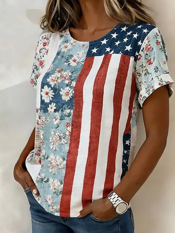 Women's Casual Short-Sleeve Positioning Print Cotton-Linen Top