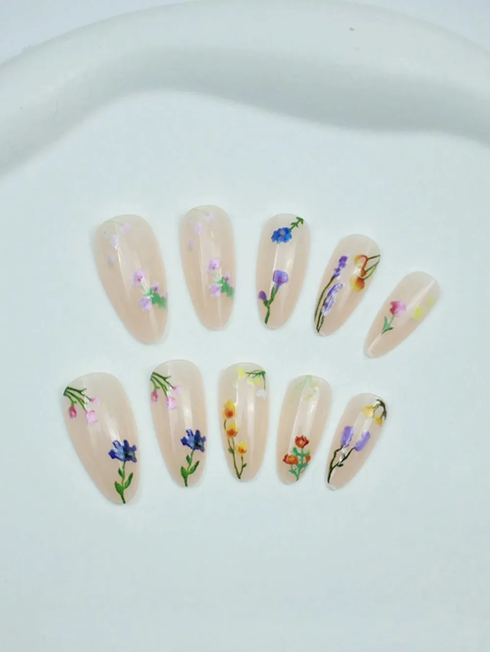 Nailhour 24pcs Fresh Nude Base And Colorful Floral Patterns Press-On Nails