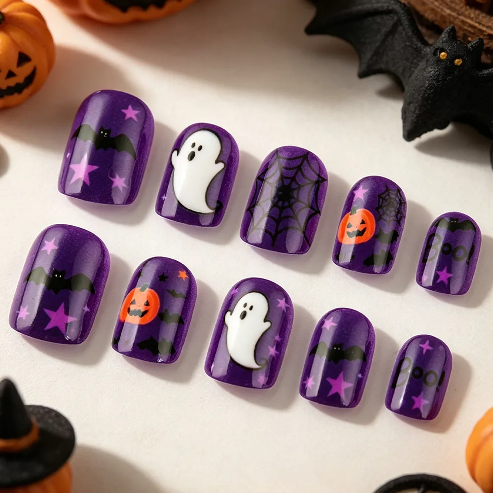 Nailhour 24Pcs Purple Square Pumpkin Ghost Halloween Press On Nails