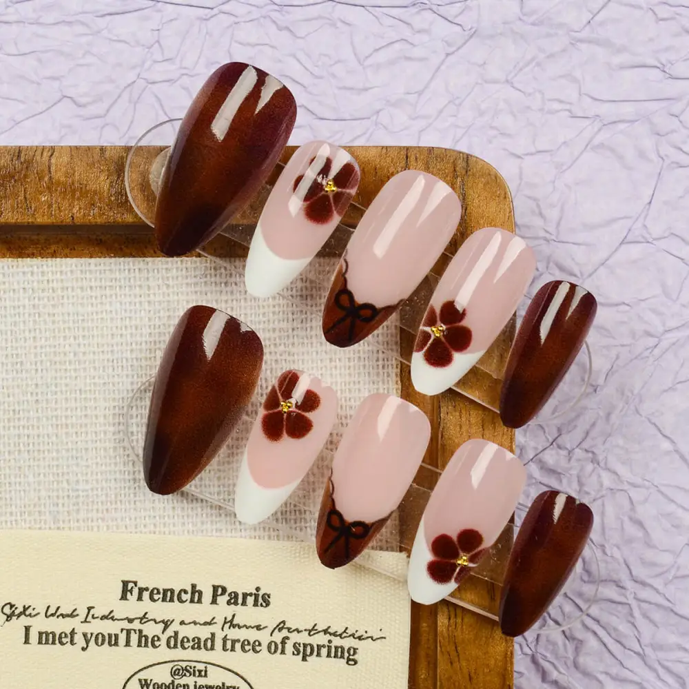 Nailhour 24Pcs Vintage Medium Almond French Press On Nails