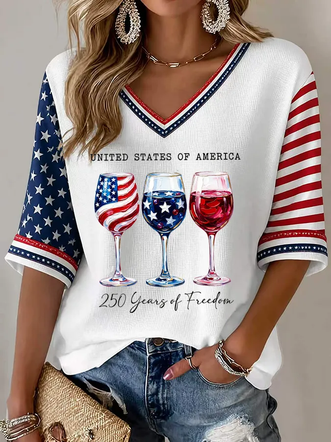 Women's American Flag Printed Casual Waffle Long Sleeve T-shirt