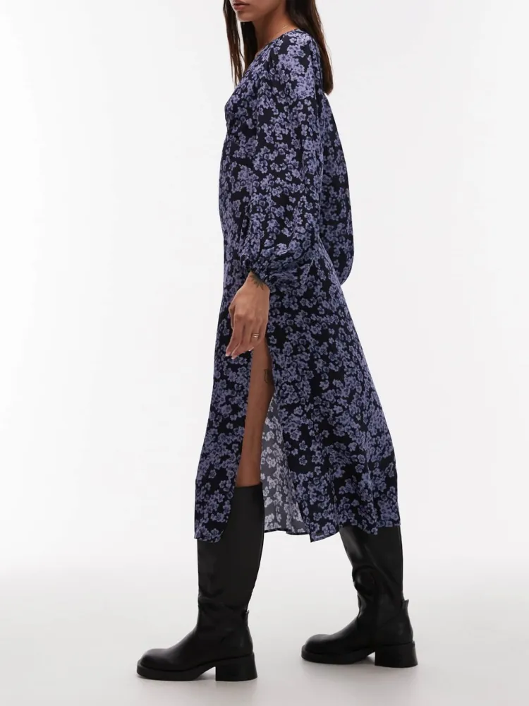 Side Slit Floral V-Neck Dress