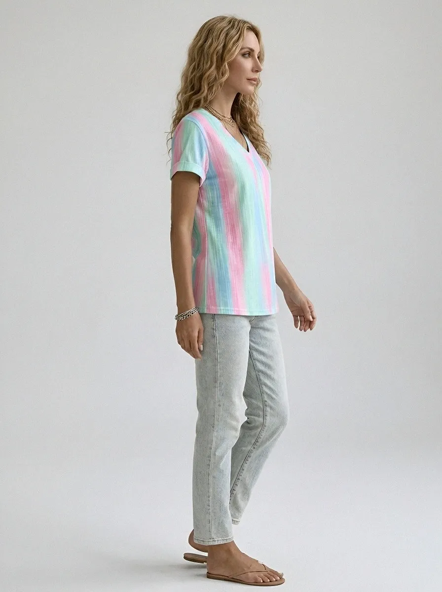 Women's Breast Cancer Awareness Pink Stripe Printed V-neck T-shirt