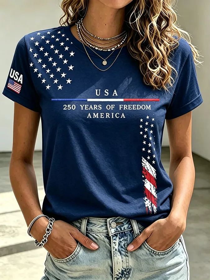 Embroidered Printed Round Neck Short Sleeved T-Shirt Commemorating The 250Th Anniversary Of The United States