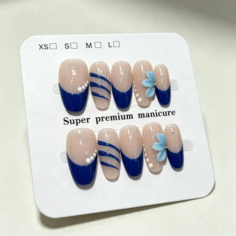 Nailhour 10Pcs Handmade French 3D Floral Medium Oval Press On Nails