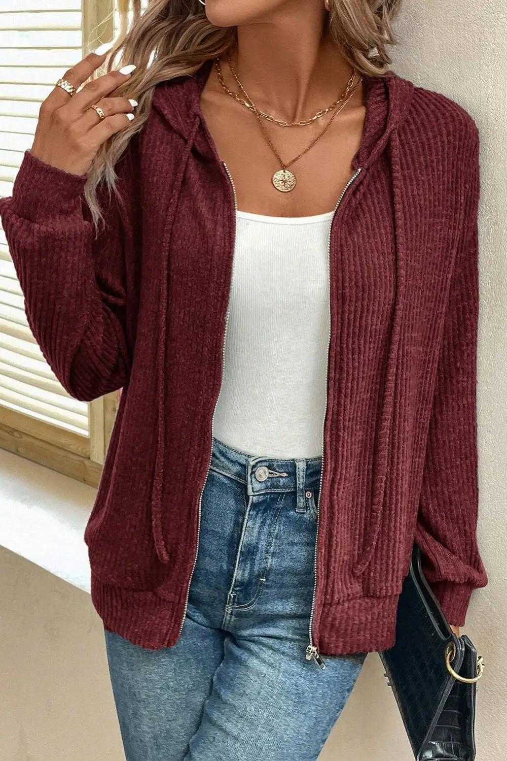 Everyday Ribbed Zip Up Front Drawstring Hoodie