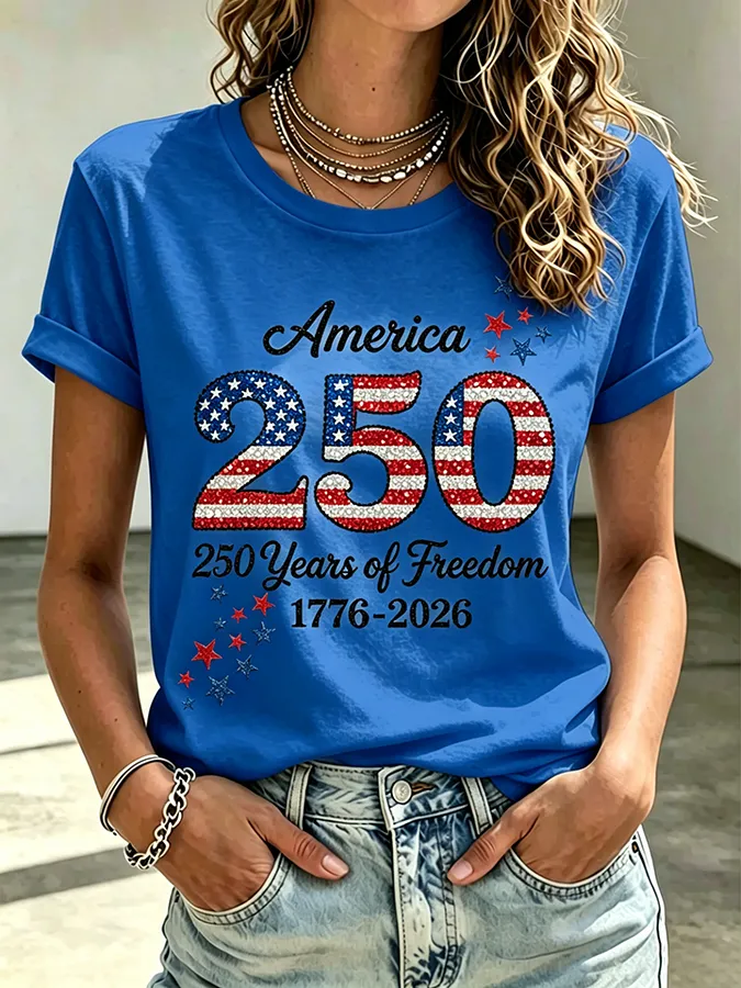 Ladies' Casual American 250Th Anniversary Sequin Personalized Printed Round Neck Short Sleeved T-Shirt