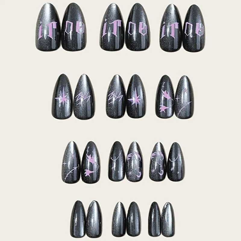 Nailhour 24Pcs Black Cat Eye Pink Print Gothic French Medium Almond Press On Nails