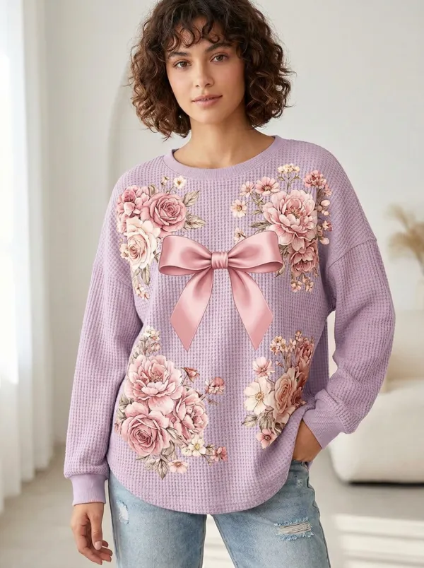 Women's Breast Cancer Awareness Pink Bow Floral Printed Waffle Sweatshirt