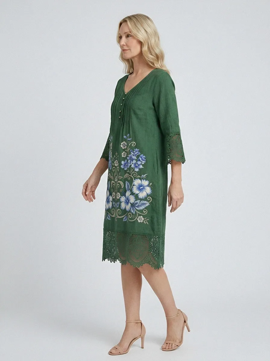 Women's Summer Vacation Blue Hibiscus Floral Lace Trim Printed Dress