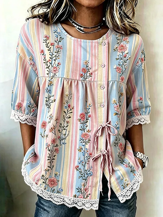 Women'S Casual Printed Cotton Linen Short Sleeved Shirt
