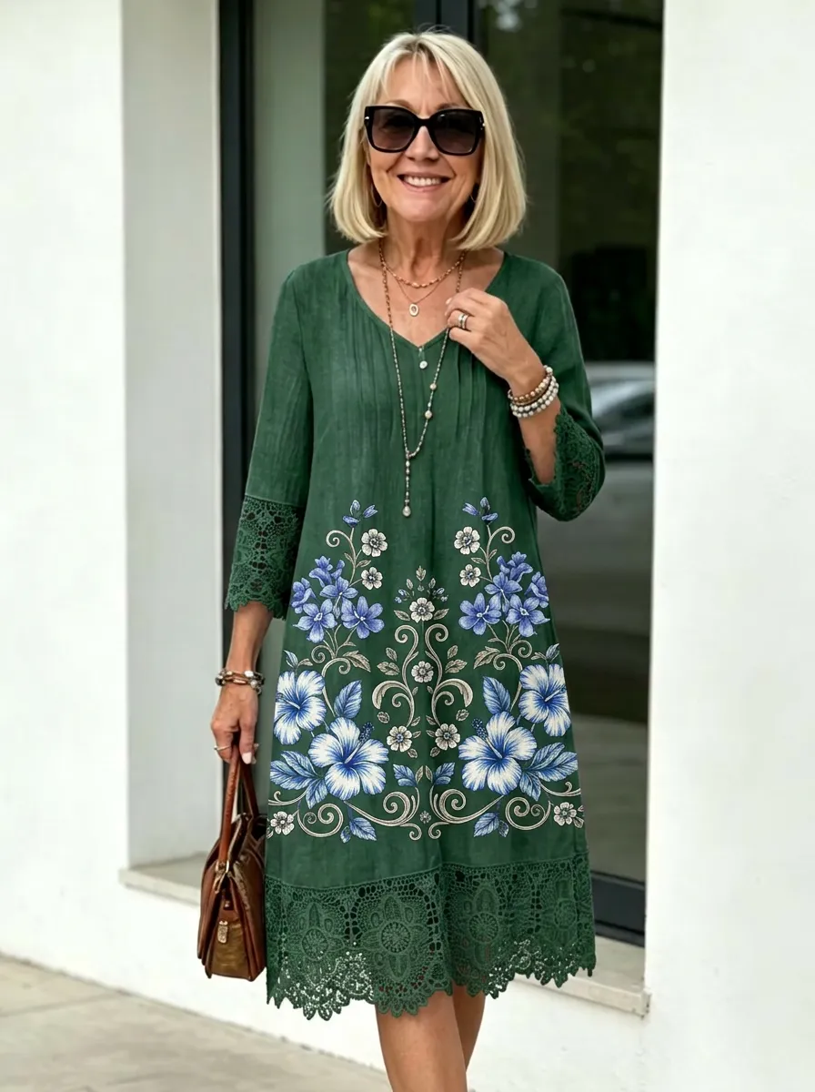 Women's Summer Vacation Blue Hibiscus Floral Lace Trim Printed Dress