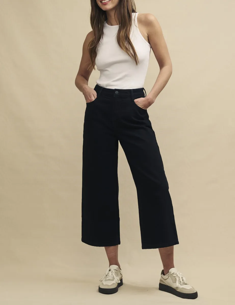 Black Cropped Denim High Rise Wide Leg Jeans