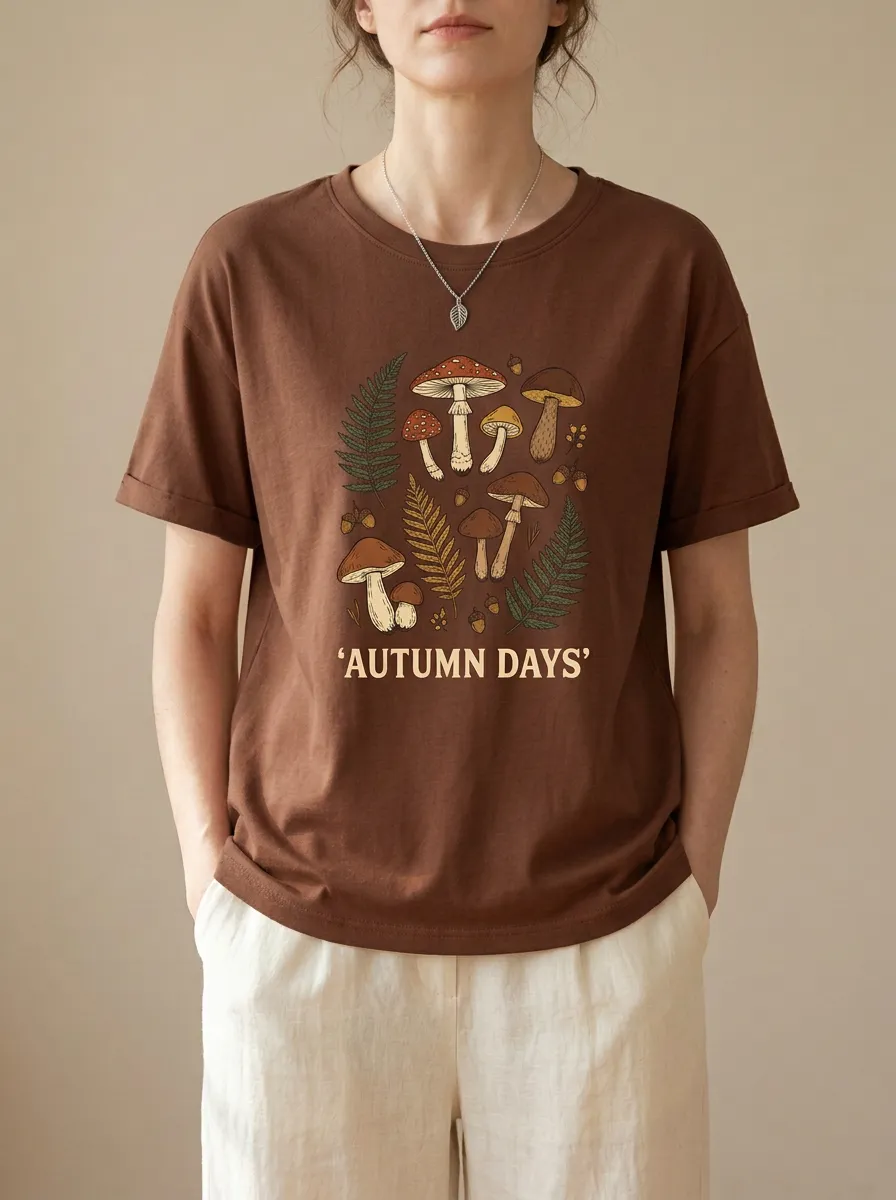 Harvest Mushroom Fern Printed Women's Graphic T-Shirt