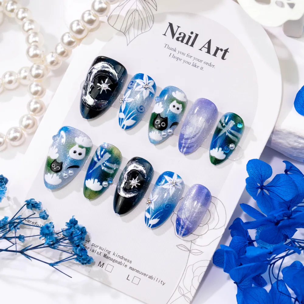 Nailhour 3D Ghost Cat Almond Nail Art Moon Flower Design 30Pcs Press On Nails