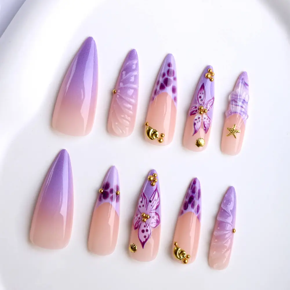 Nailhour 24Pcs French Long Almond 3D Seashells Purple Dreams On Nails