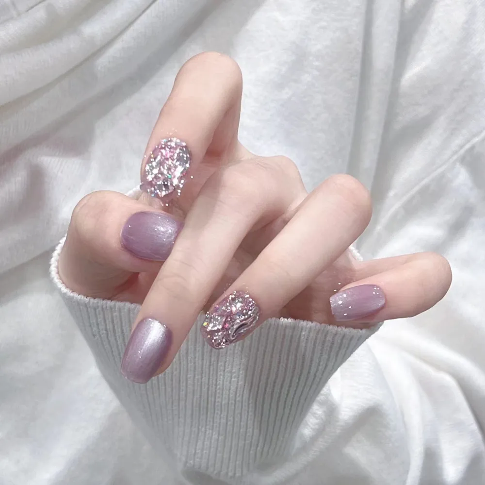 Nailhour 10Pcs Daily Cat Eye French Glitter Purple Short Square Press On Nails