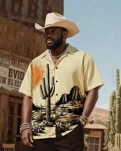 Men'S Western Wind Desert Cactus Print-Cuban Collar Short Sleeve Shirt
