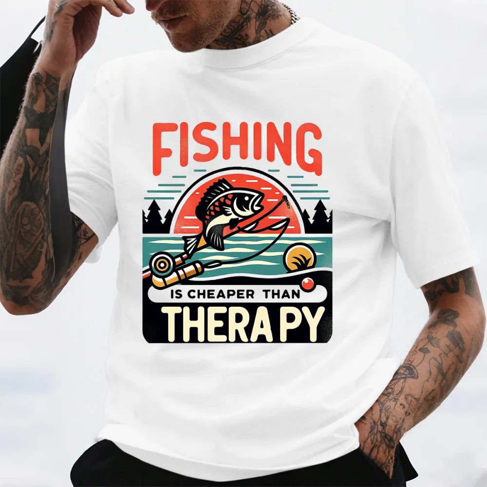 Retro Fishing Therapy Print T-Shirt