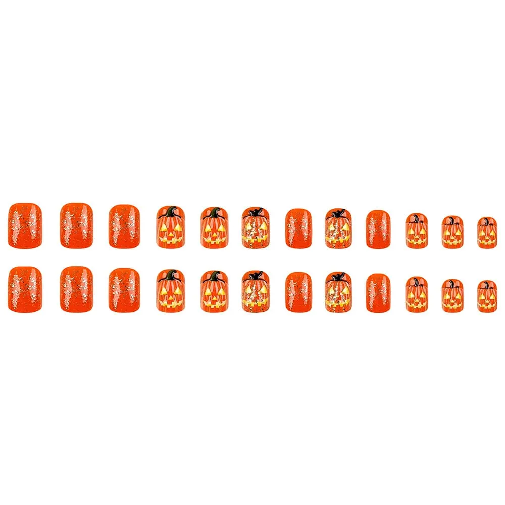 Nailhour 24Pcs Orange Halloween Medium Square Press On Nails