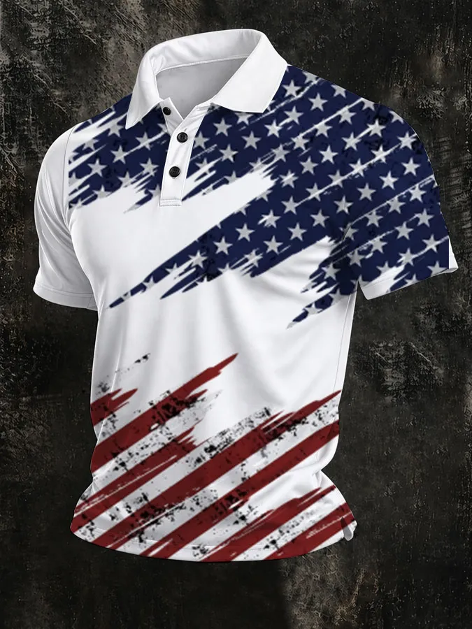 Men'S American Flag Print Casual Polo Shirt