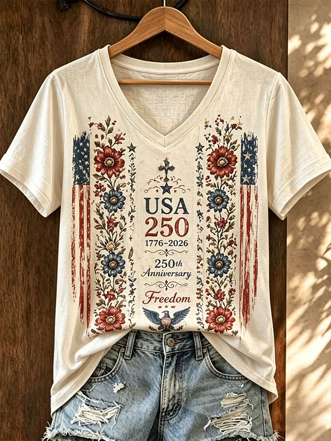 Women'S Floral Flag Printed Casual T-Shirt