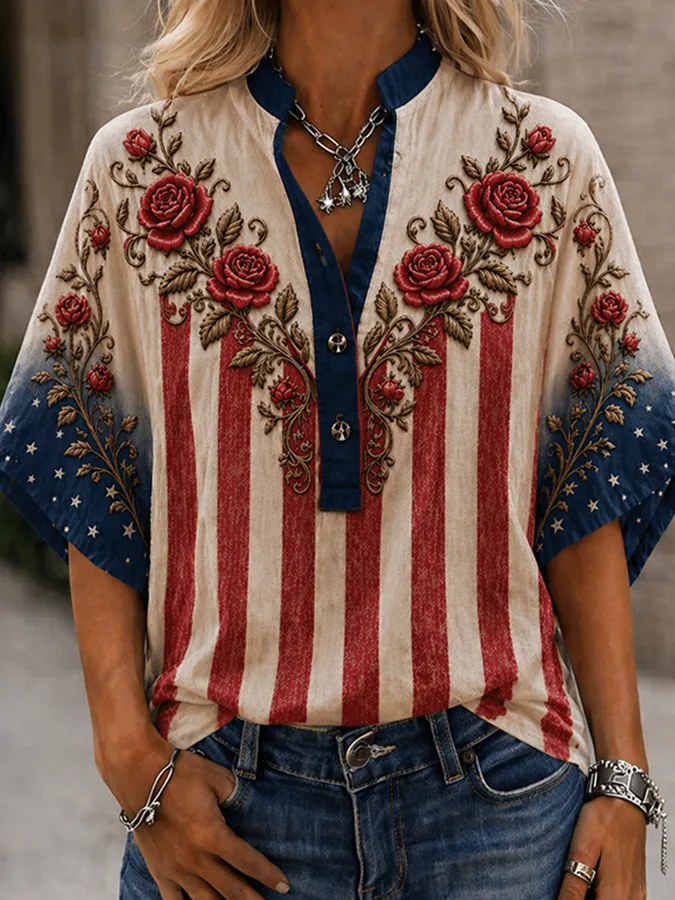 Women'S Casual American Flag Patterned Short Sleeved Top
